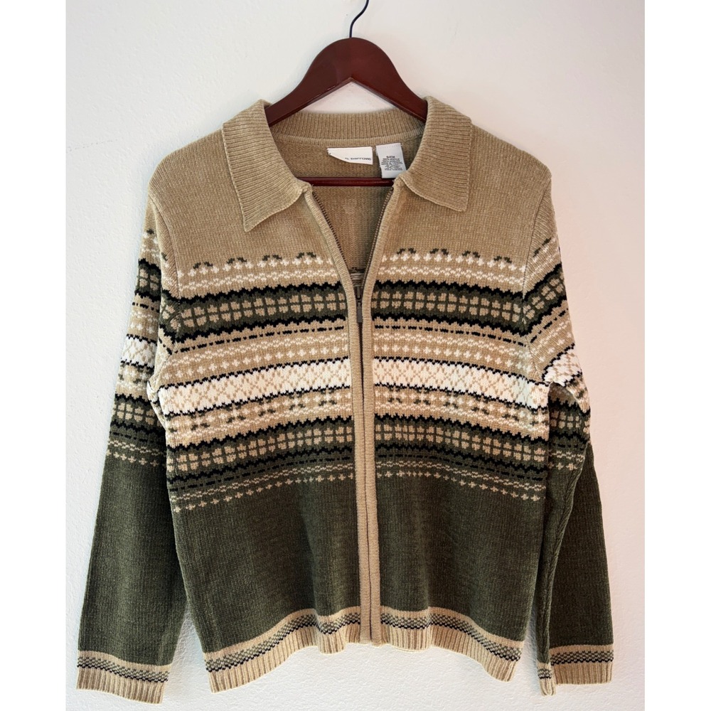 VTG Y2K Boho Green Fair Isle Striped Sweater Jacket Full Zip Chenille Knit Indie